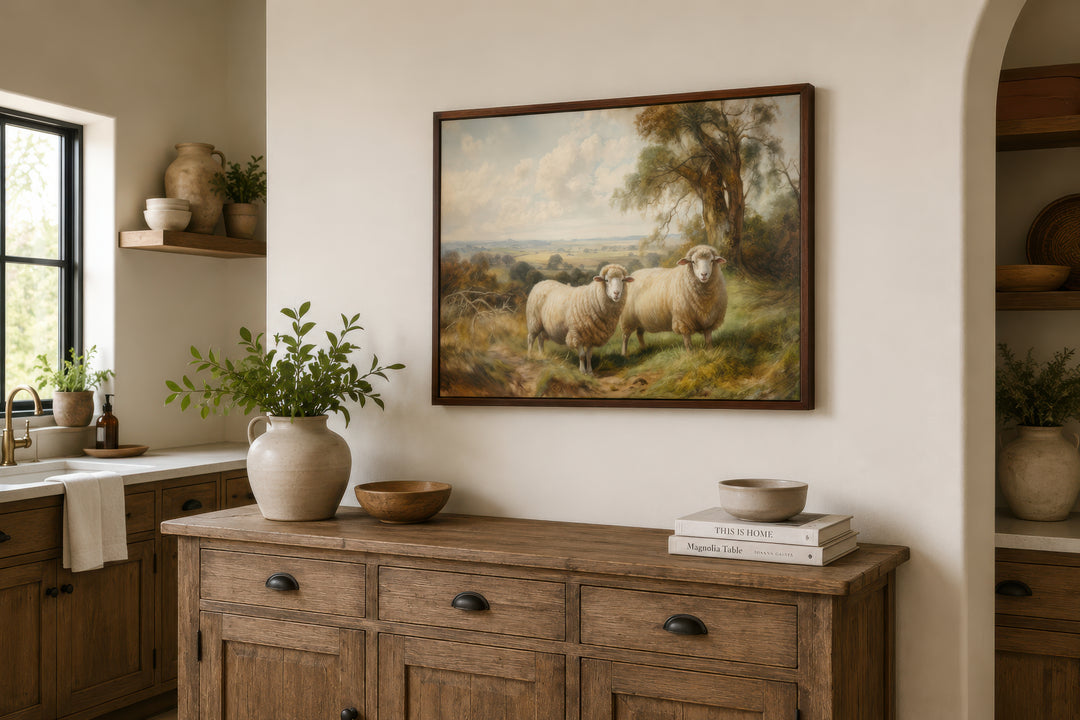 Vintage pastoral canvas wall art featuring two sheep in a meadow, framed above a wooden sideboard.
