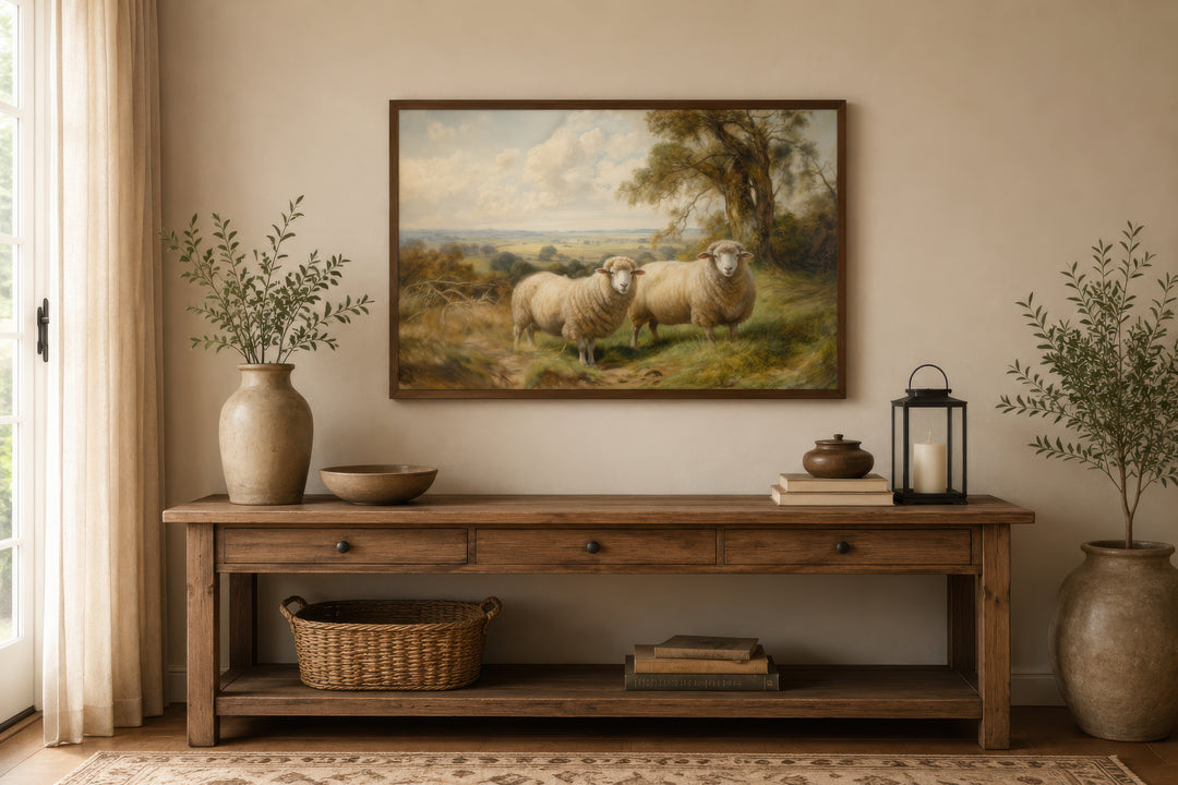 Vintage pastoral canvas wall art of two sheep in a meadow, framed above a rustic wooden console.