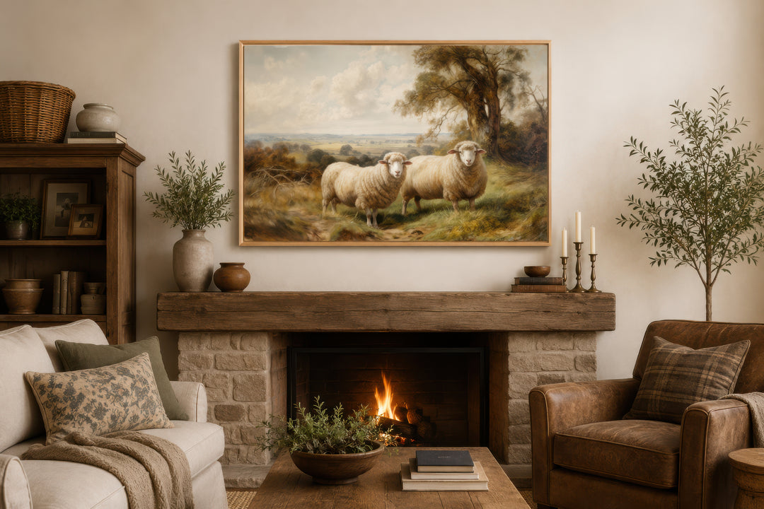 Vintage pastoral canvas wall art of two sheep in a meadow above a rustic fireplace mantel.