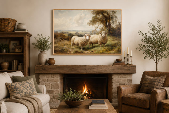 Vintage pastoral canvas wall art of two sheep in a meadow above a rustic fireplace mantel.