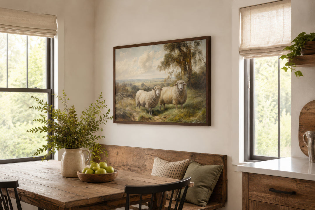 Vintage pastoral canvas wall art of two sheep in a meadow, framed above a rustic dining bench.