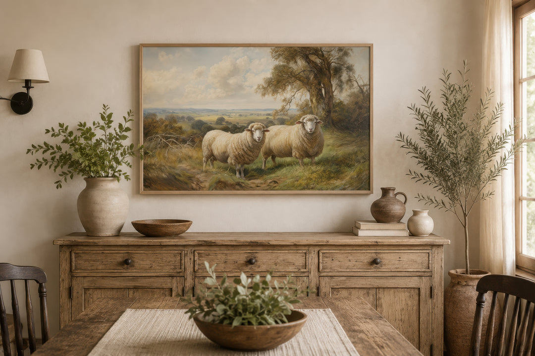Vintage pastoral canvas wall art featuring two sheep in a meadow above a rustic wooden sideboard.