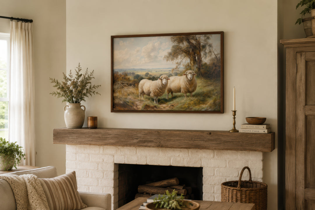 Vintage pastoral canvas wall art of two sheep in a meadow, framed above a rustic fireplace mantel.