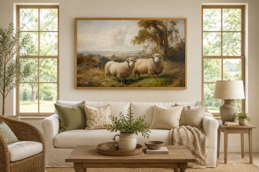 Vintage pastoral canvas wall art featuring two sheep in a meadow, framed above a white sofa.