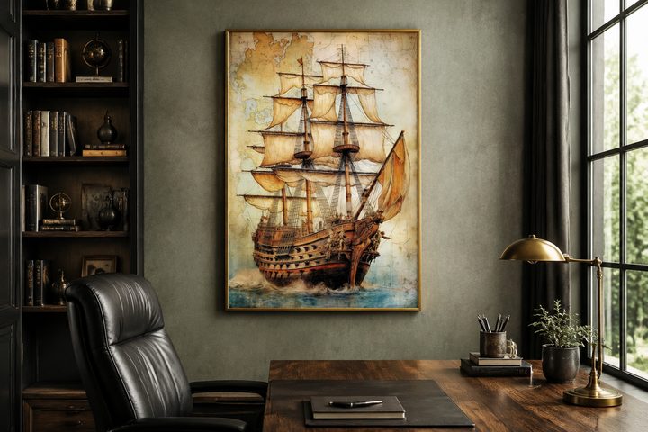 Framed canvas wall art of a pirate ship on an antique treasure map in a home office setting.