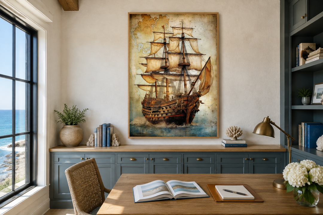 Framed canvas wall art of a pirate ship on an antique treasure map in a coastal office setting.