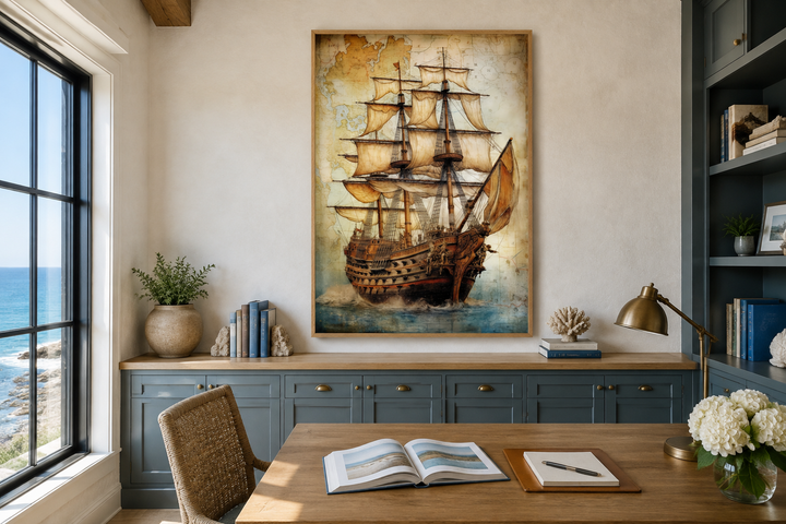 Framed canvas wall art of a pirate ship on an antique treasure map in a coastal office setting.
