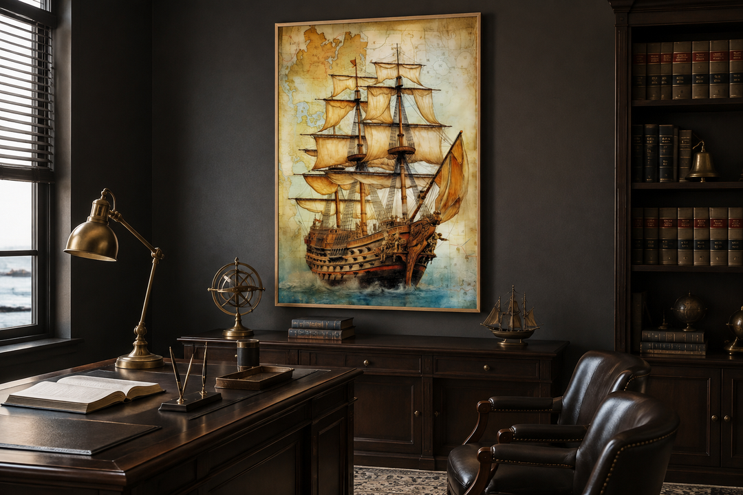 Pirate ship on antique treasure map nautical framed canvas wall art in a dark wood study.