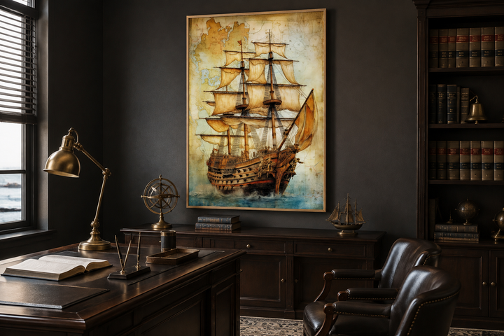 Pirate ship on antique treasure map nautical framed canvas wall art in a dark wood study.