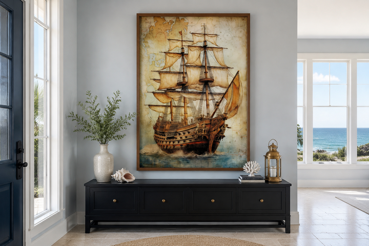 Framed canvas wall art of a pirate ship on an antique treasure map above a black sideboard.