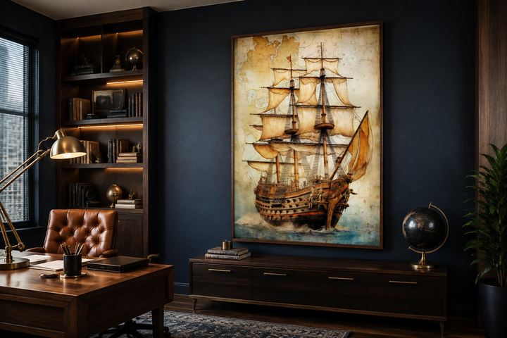 Framed canvas wall art of a pirate ship on an antique treasure map in a dark-walled office.