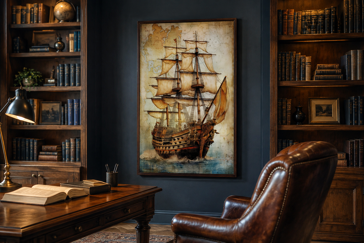 Framed canvas wall art of a pirate ship on an antique treasure map in a dark wood-paneled study.