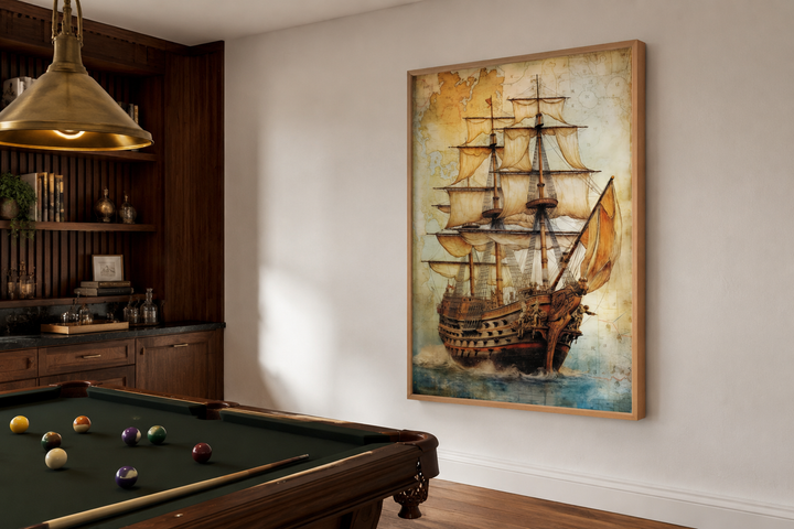 Framed canvas wall art of a pirate ship on an antique treasure map in a game room with a pool table.