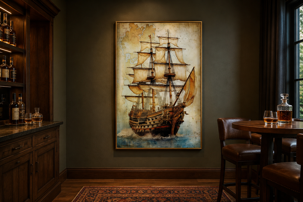 Pirate ship on antique treasure map nautical framed canvas wall art in a dark wood home bar setting.