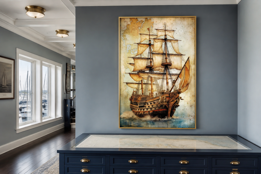 Pirate ship on antique treasure map framed canvas wall art displayed above a blue dresser.