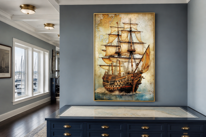 Pirate ship on antique treasure map framed canvas wall art displayed above a blue dresser.