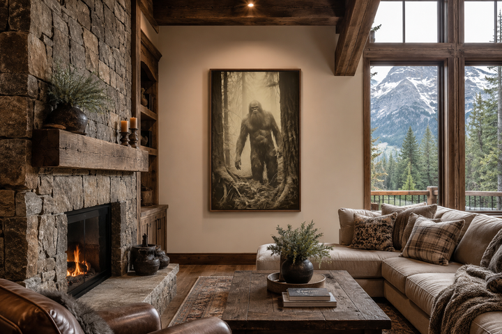 Bigfoot realistic photograph framed canvas wall art hanging in a rustic living room with fireplace.