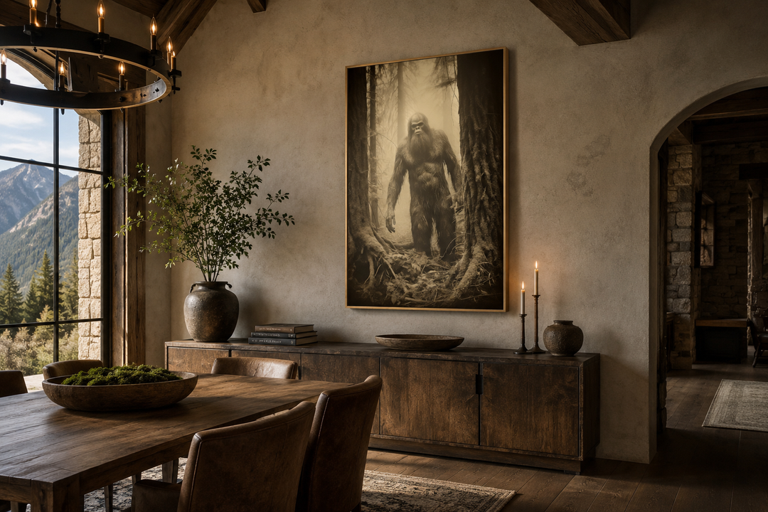 Framed sepia canvas art of Bigfoot in a misty forest, displayed in a rustic dining room.