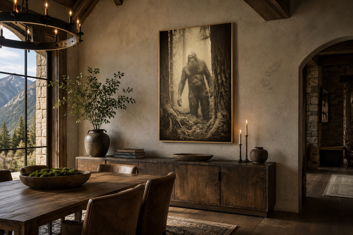 Framed sepia canvas art of Bigfoot in a misty forest, displayed in a rustic dining room.