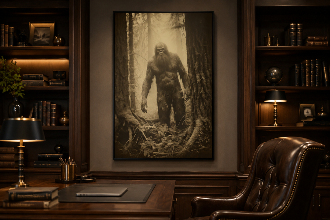 Framed sepia Bigfoot photograph canvas wall art hanging in a dark wood office or man cave.
