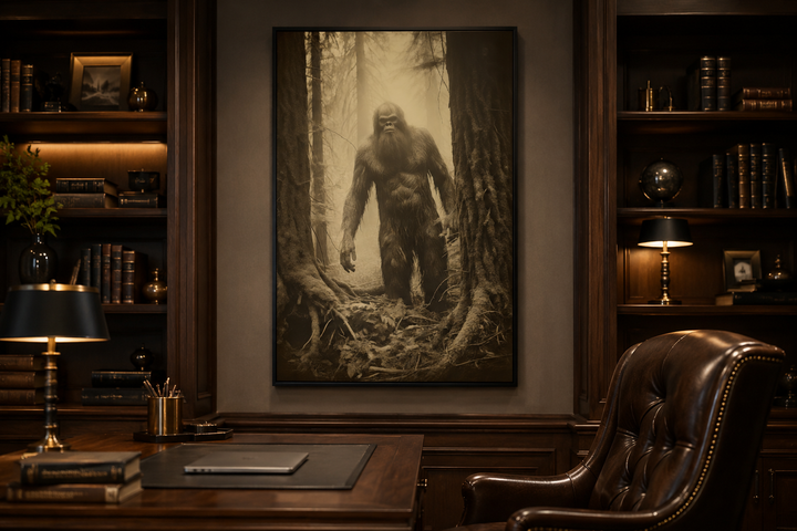 Framed sepia Bigfoot photograph canvas wall art hanging in a dark wood office or man cave.