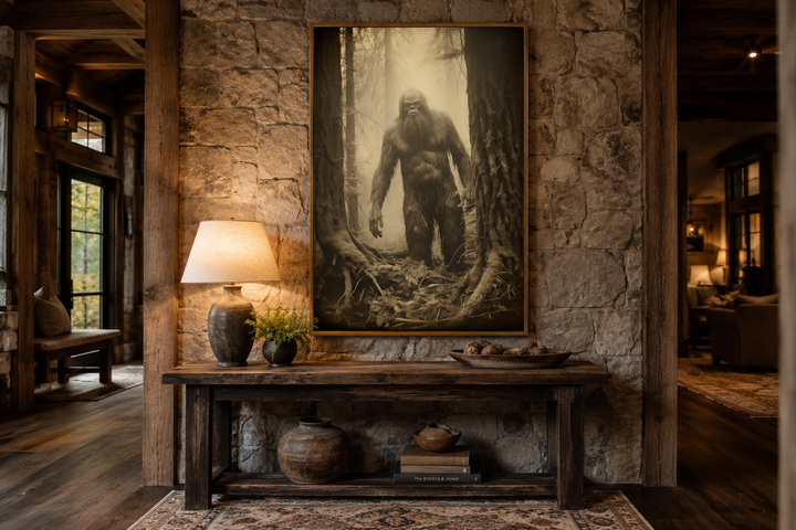 Framed sepia canvas art of Bigfoot in a misty forest, displayed on a stone wall in a rustic room.