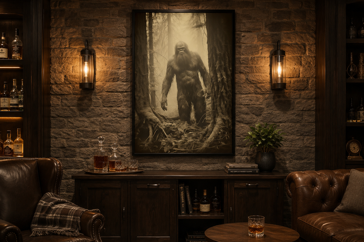 Framed Bigfoot photograph canvas wall art hanging in a rustic man cave with leather furniture.