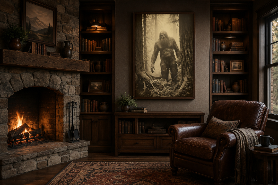 Framed Bigfoot photograph wall art in a rustic man cave with a fireplace and leather armchair.