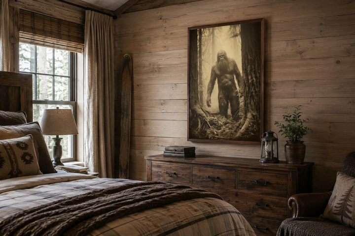 Framed Bigfoot photograph wall art in a rustic bedroom above a wooden dresser.