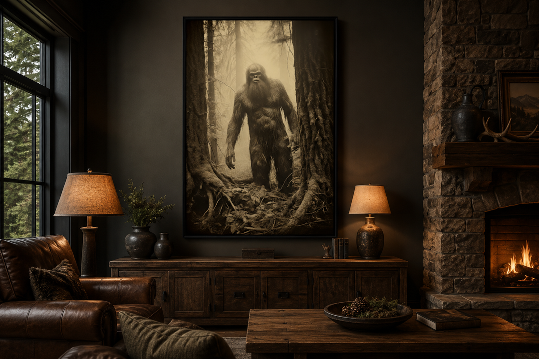 Framed sepia Bigfoot photograph canvas wall art in a rustic living room with a fireplace.