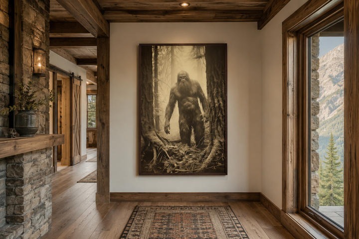 Framed sepia canvas art of Bigfoot in a misty forest, displayed in a rustic wood-paneled hallway.