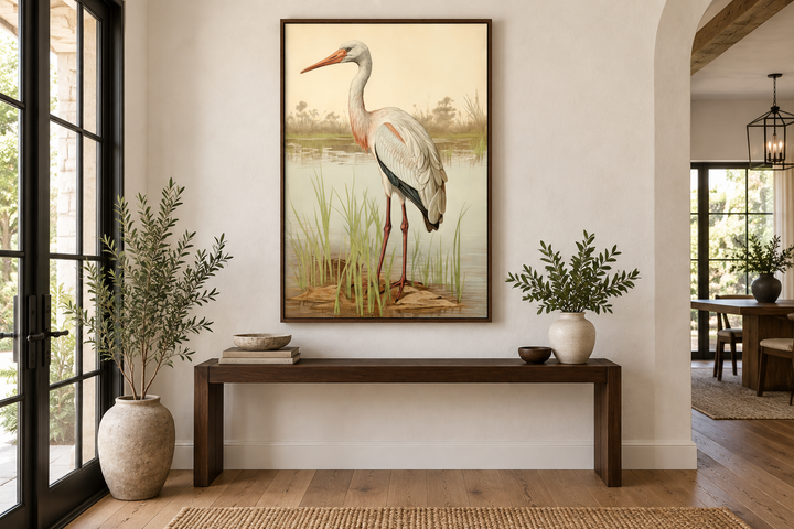 Vintage stork painting framed canvas wall art featuring a majestic stork amidst tall reeds.