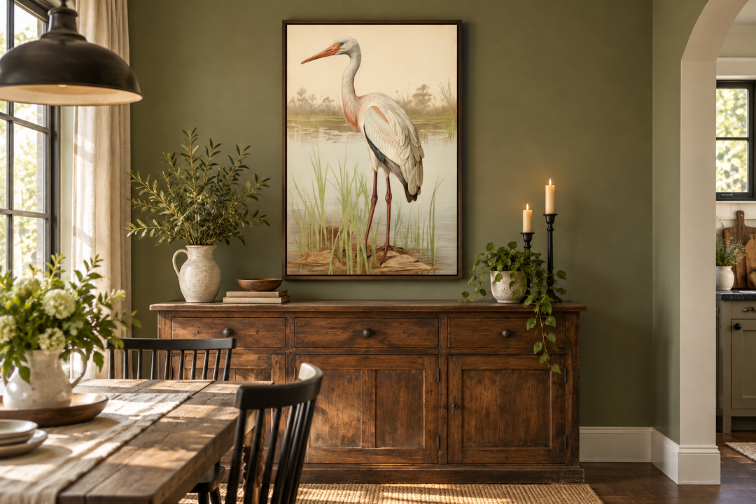 Vintage stork painting framed canvas wall art hanging above a rustic wooden sideboard.