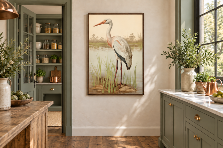 Vintage stork painting framed canvas wall art featuring a majestic stork in a coastal landscape.
