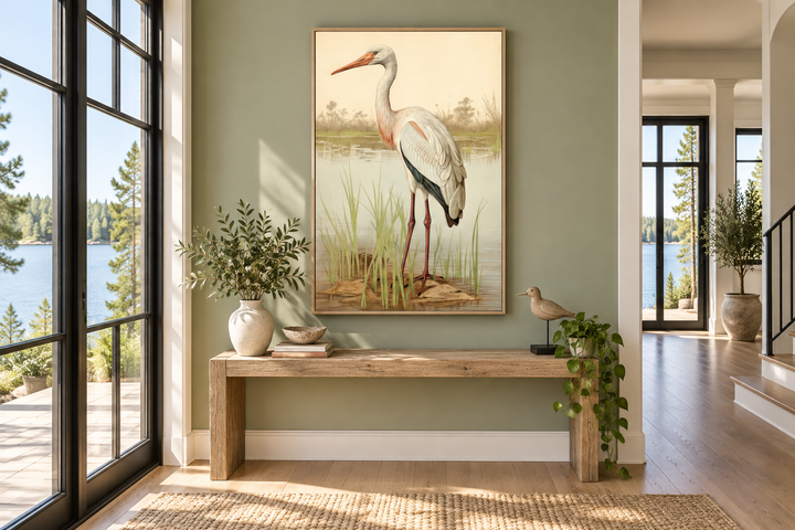 Vintage stork painting framed canvas wall art hanging above a wooden console table in a green room.