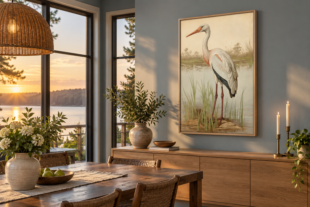 Vintage stork painting framed canvas wall art hanging above a wooden sideboard in a dining room.