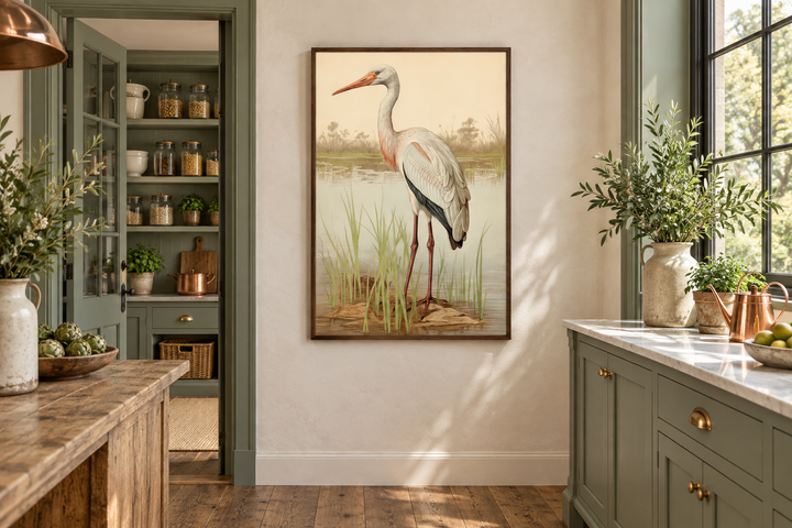 Vintage stork painting framed canvas wall art featuring a majestic bird in a coastal reed landscape.