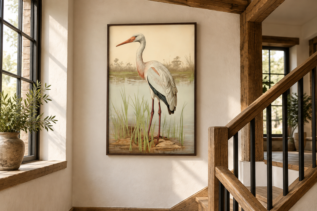 Vintage stork painting framed canvas wall art featuring a white stork in a marshland setting.