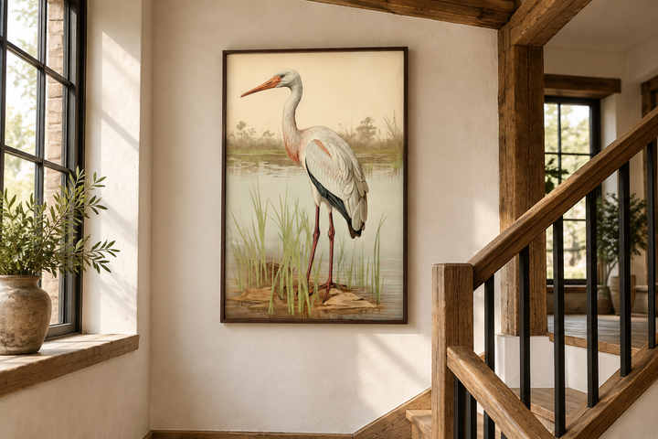 Vintage stork painting framed canvas wall art featuring a white stork in a marshland setting.