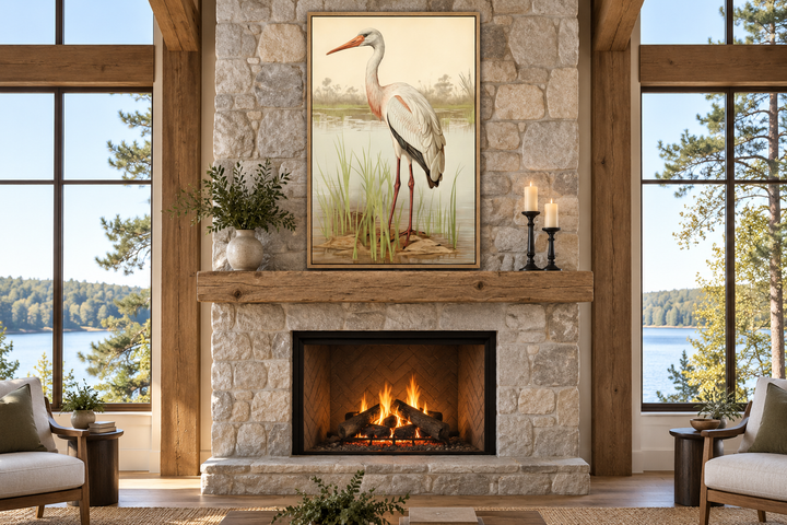 Vintage stork painting framed canvas wall art displayed above a stone fireplace in a rustic room.
