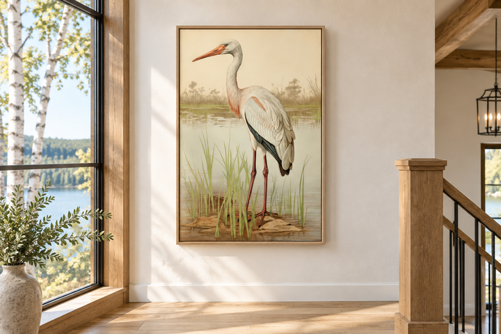 Vintage stork painting on framed canvas, featuring a white stork in reeds on a neutral wall.