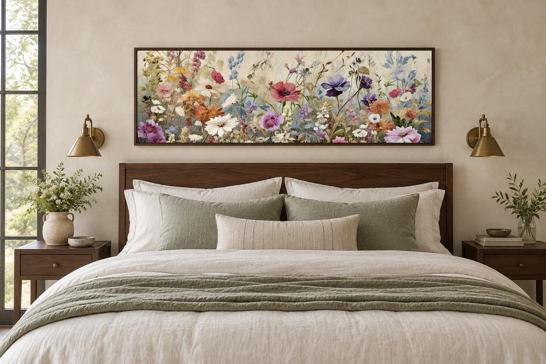 Panoramic vintage wildflower field painting in a dark wood frame hanging above a bed.