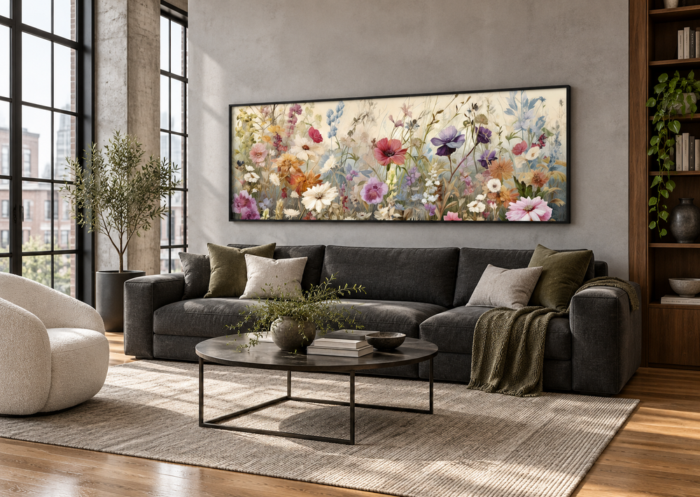 Panoramic vintage wildflower field wall art in a black frame above a dark grey sofa.