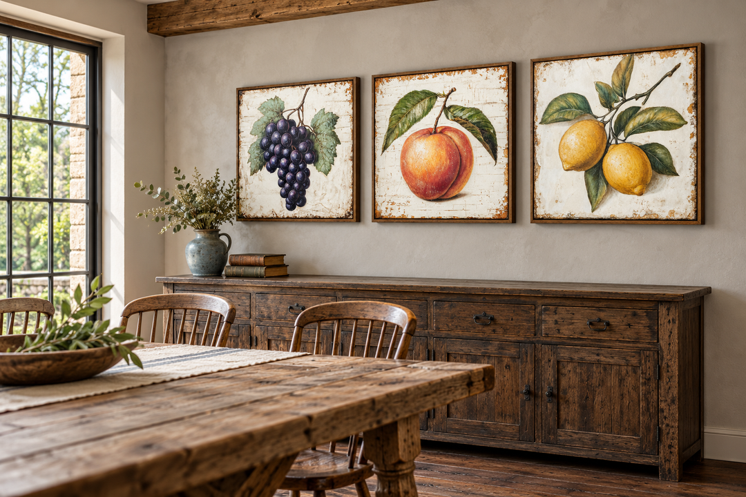 Vintage fruit canvas triptych with grapes, peach, and lemons in a rustic farmhouse dining room.