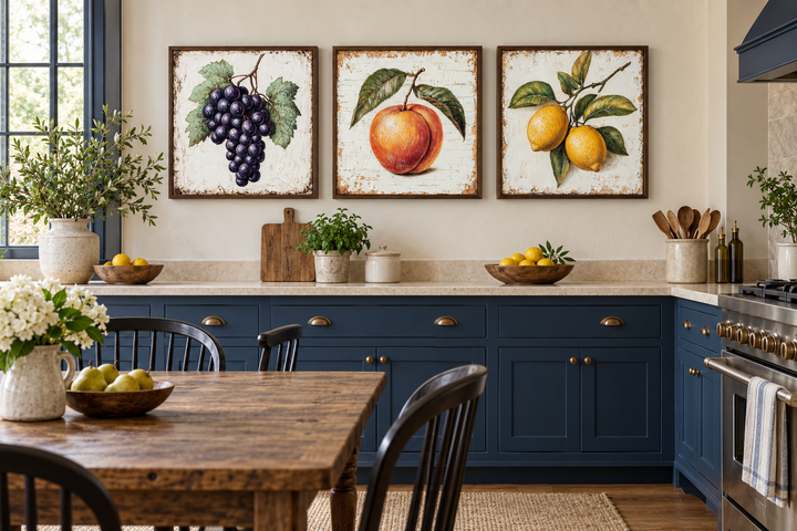 Vintage fruit canvas triptych featuring grapes, a peach, and lemons in a farmhouse kitchen.
