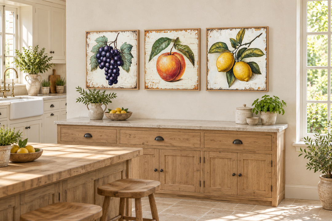 Set of three vintage botanical canvas prints featuring grapes, a peach, and lemons in a kitchen.