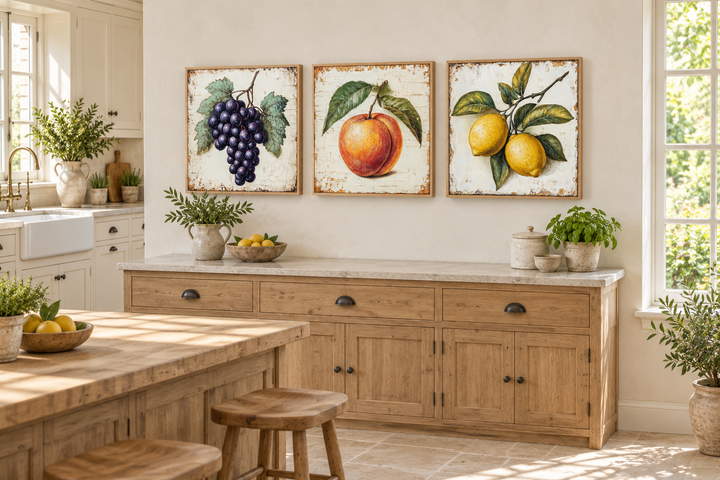 Set of three vintage botanical canvas prints featuring grapes, a peach, and lemons in a kitchen.