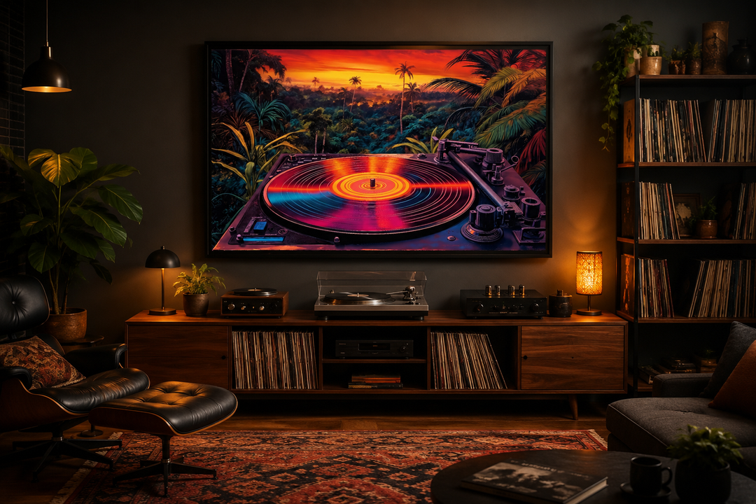 Framed canvas wall art of a colorful vinyl record player against a tropical synthwave sunset.