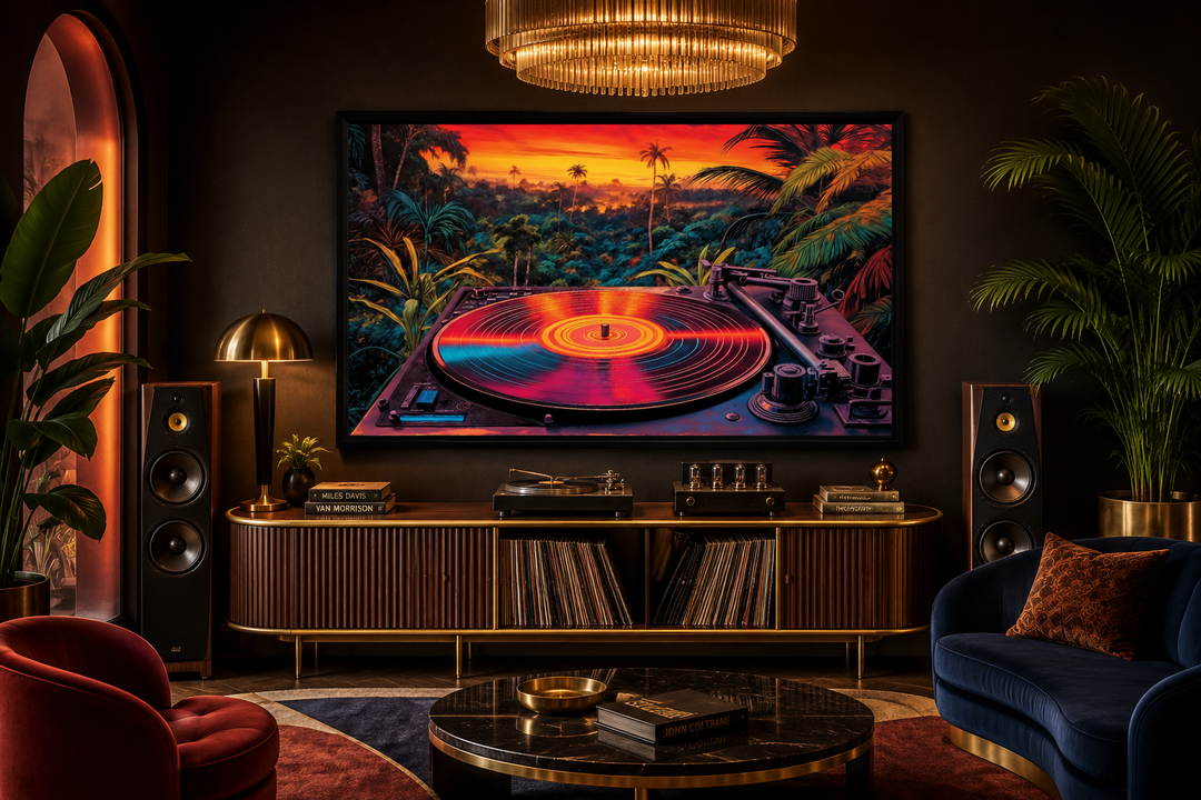 Framed canvas wall art of a colorful vinyl record player against a tropical synthwave sunset.