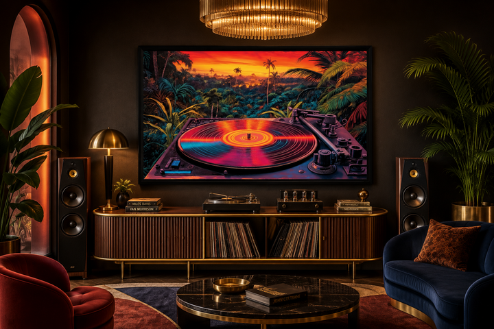Framed canvas wall art of a colorful vinyl record player against a tropical synthwave sunset.